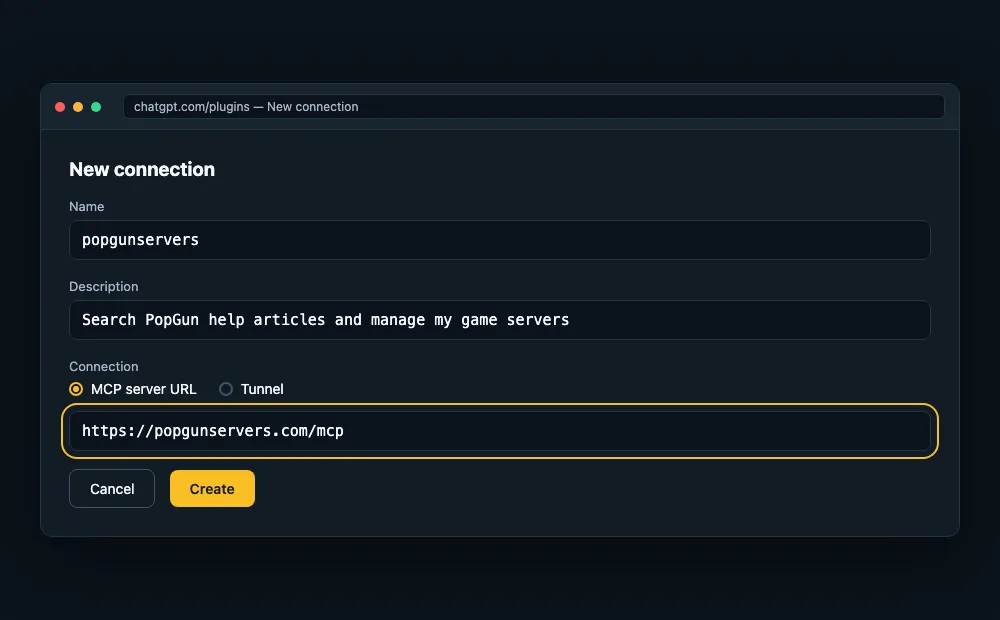 Mockup of the chatgpt.com new connection form with name popgunservers, a description and the MCP server URL https://popgunservers.com/mcp