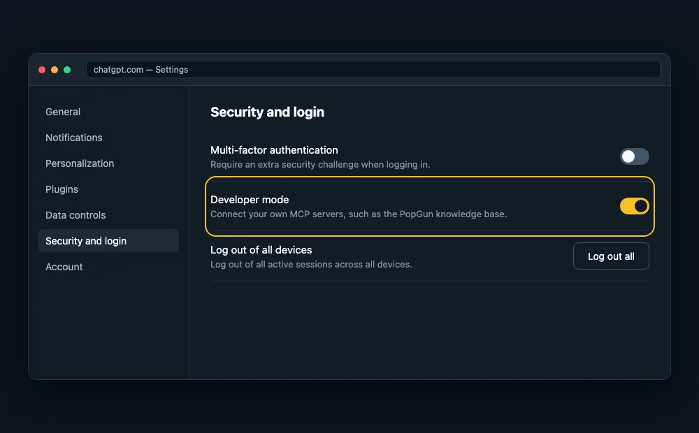 Mockup of chatgpt.com Settings, Security and login section, with the Developer mode toggle switched on