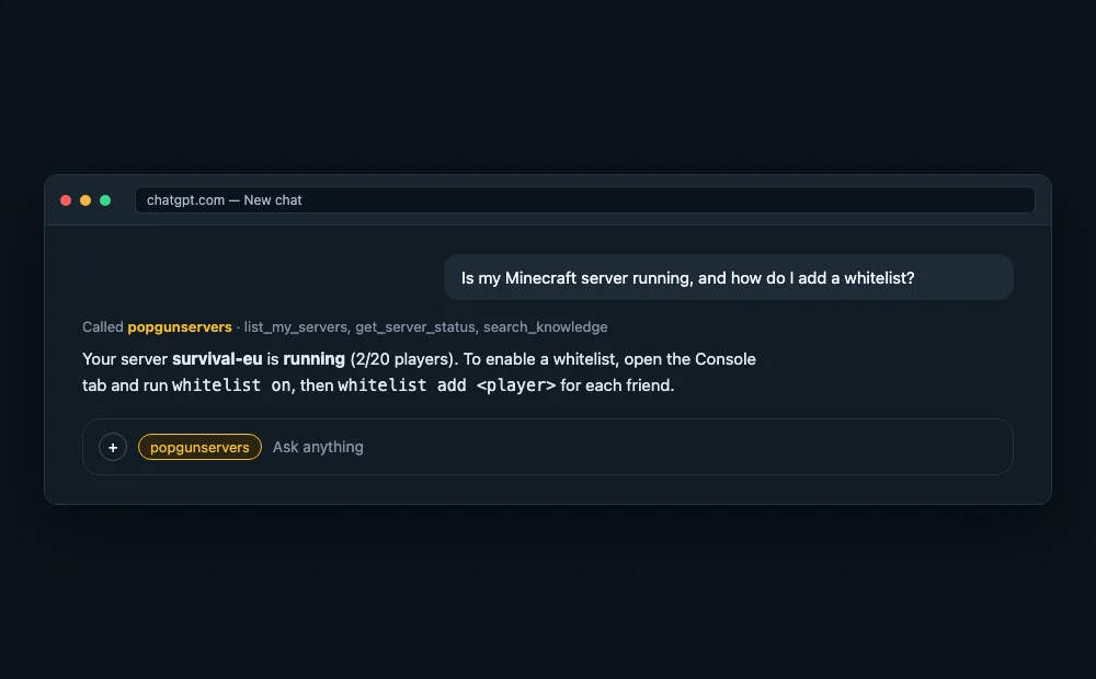 Mockup of a ChatGPT chat where the popgunservers connection answers a question about the user's Minecraft server