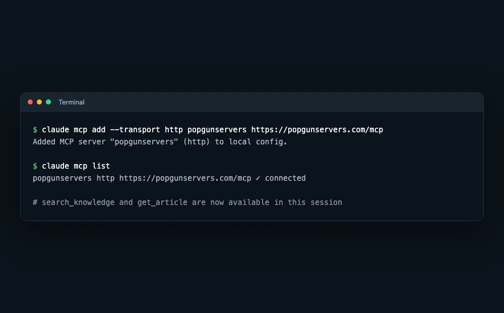 Mockup of a terminal running claude mcp add --transport http to connect the knowledge base