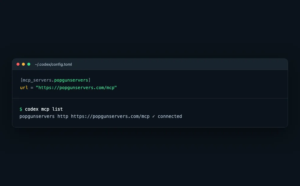 Mockup of a config.toml file defining a popgunservers MCP server with a url field