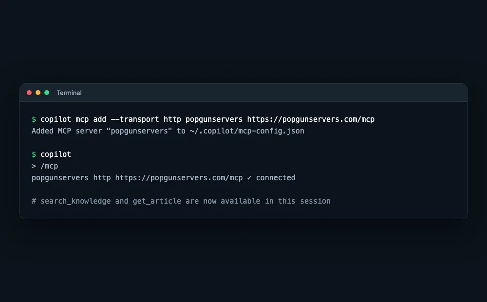 Mockup of a terminal running copilot mcp add --transport http to connect the knowledge base