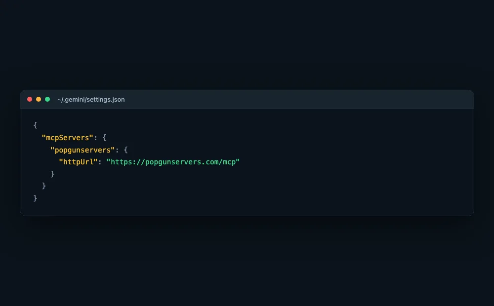 Mockup of a settings.json file defining a popgunservers MCP server with an httpUrl field