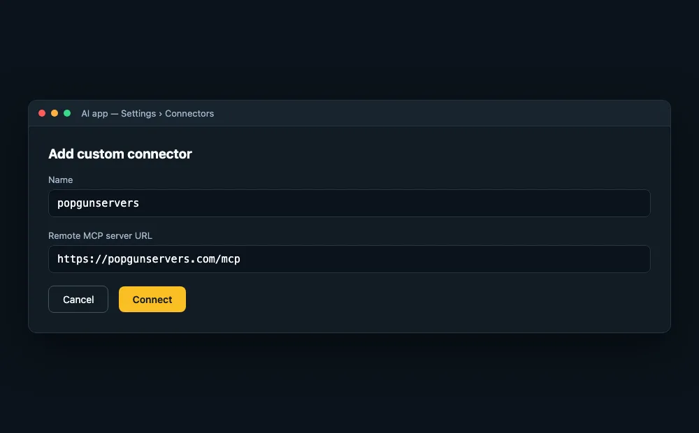 Mockup of the Claude custom connector dialog with a name and remote MCP server URL field