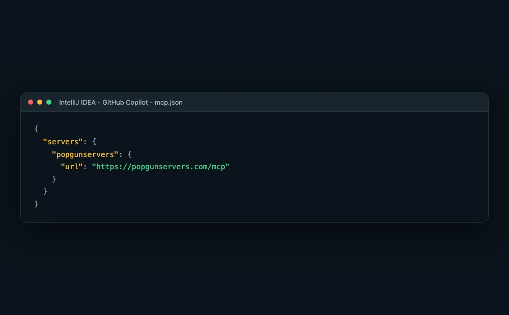 Mockup of the GitHub Copilot mcp.json file in IntelliJ IDEA defining a popgunservers MCP server url