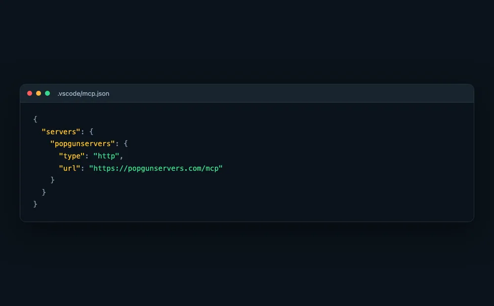 Mockup of an mcp.json configuration file defining a popgunservers MCP server url