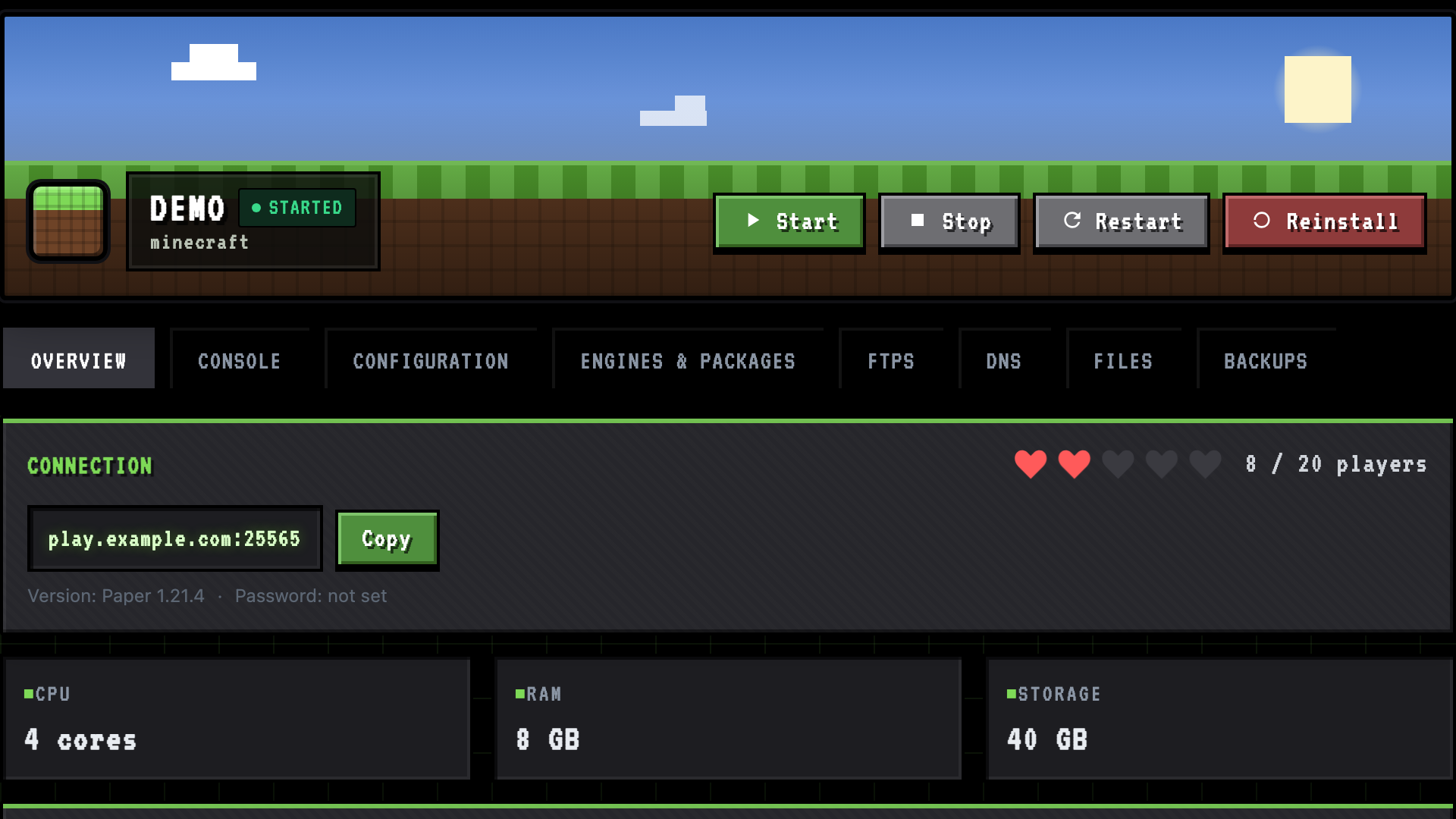 PopGun Minecraft server control panel with demonstration data.